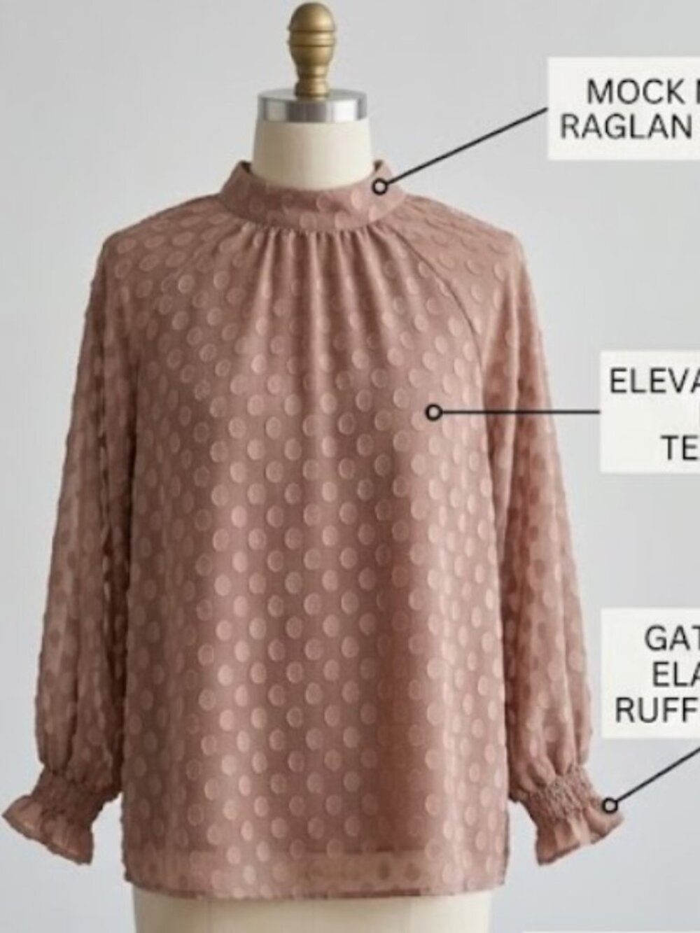 Romantic Dusty Rose Clip Dot Mock Neck Blouse